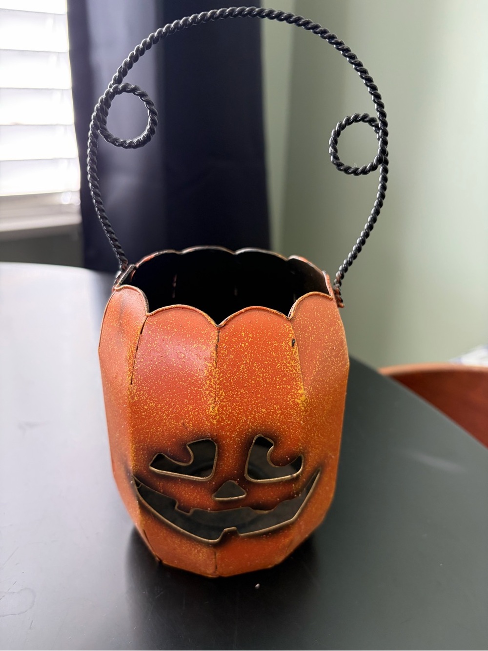 Halloween Jack-O-Lantern Tealight Candleholder Luminary Metal Rustic Handle